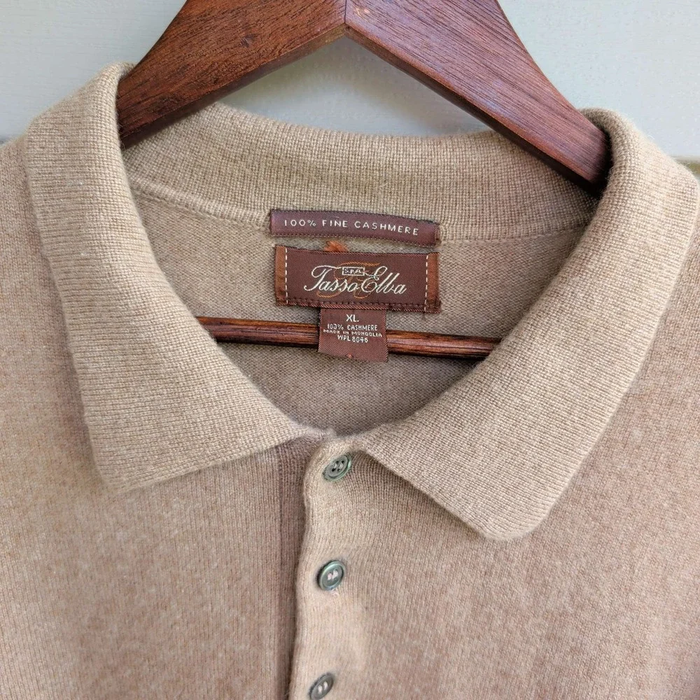 Tasso Elba Cashmere Polo Sweater Mens XL Tan Long Sleeve 3-Button Knit
